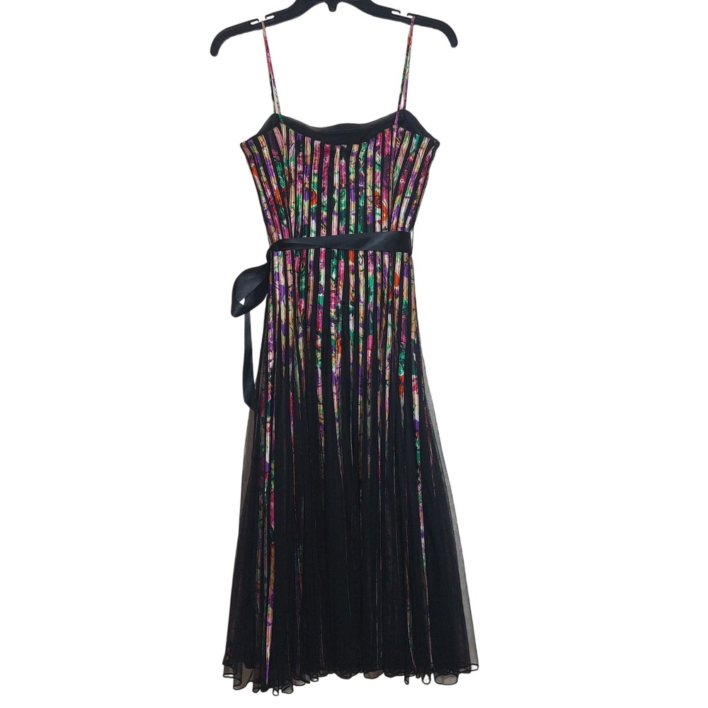 EUC JS Collections Floral Pleated Belt Midi Dress Spaghetti Strap Satin Size 10 - Picture 12 of 15